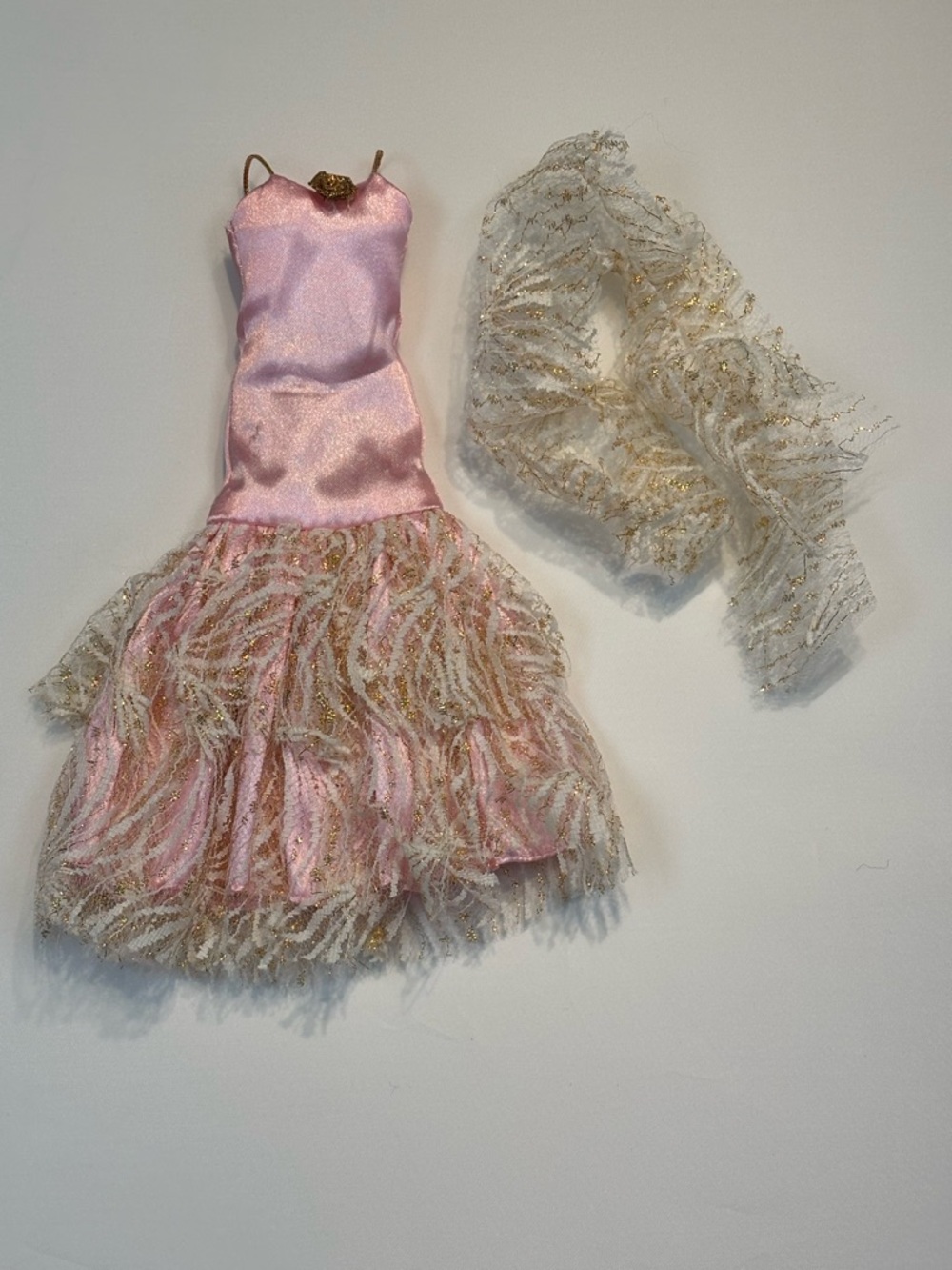Barbie Pink Satin Dress with Gold Fringe and Sheer Gold-Trim Shawl